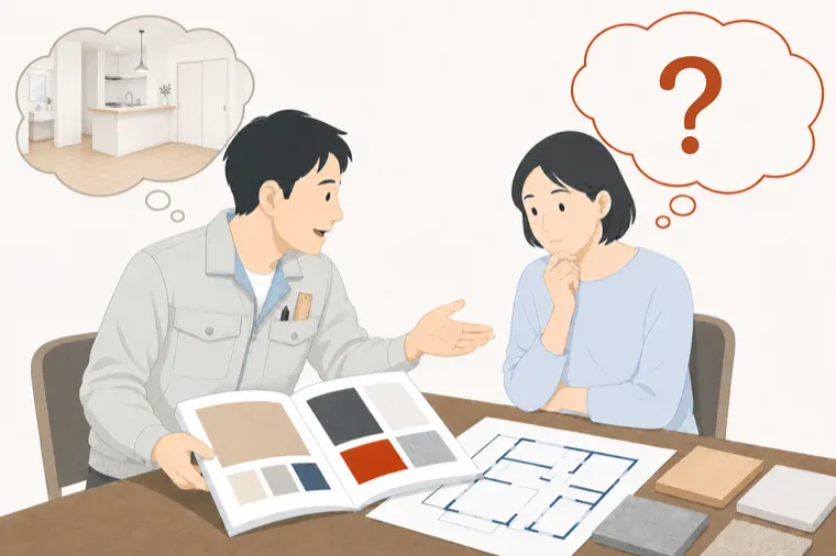 カタログを開いて説明する作業服の職人と、頭の上に疑問符の吹き出しが浮かぶお客様のイラスト