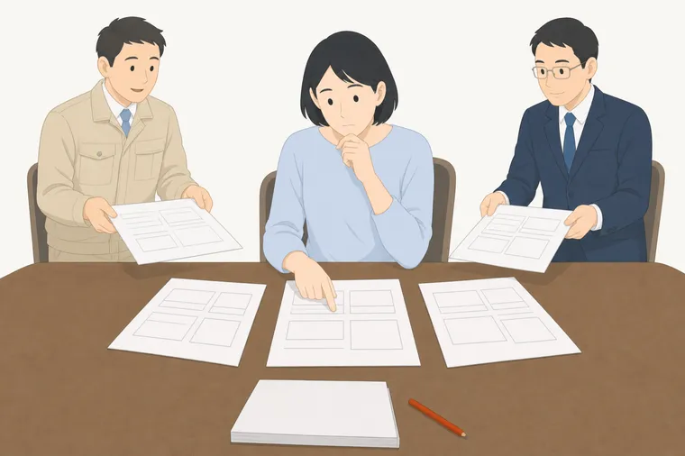 複数の会社の見積書を卓に並べて見比べるお客様と、両側から書類を差し出す他社の営業のイラスト。手前には閉じたままの提案書とペンが置かれている