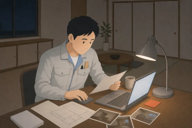 夜の卓でひとり、ノートパソコンと現場写真を見比べながら見積を作る作業服の職人のイラスト